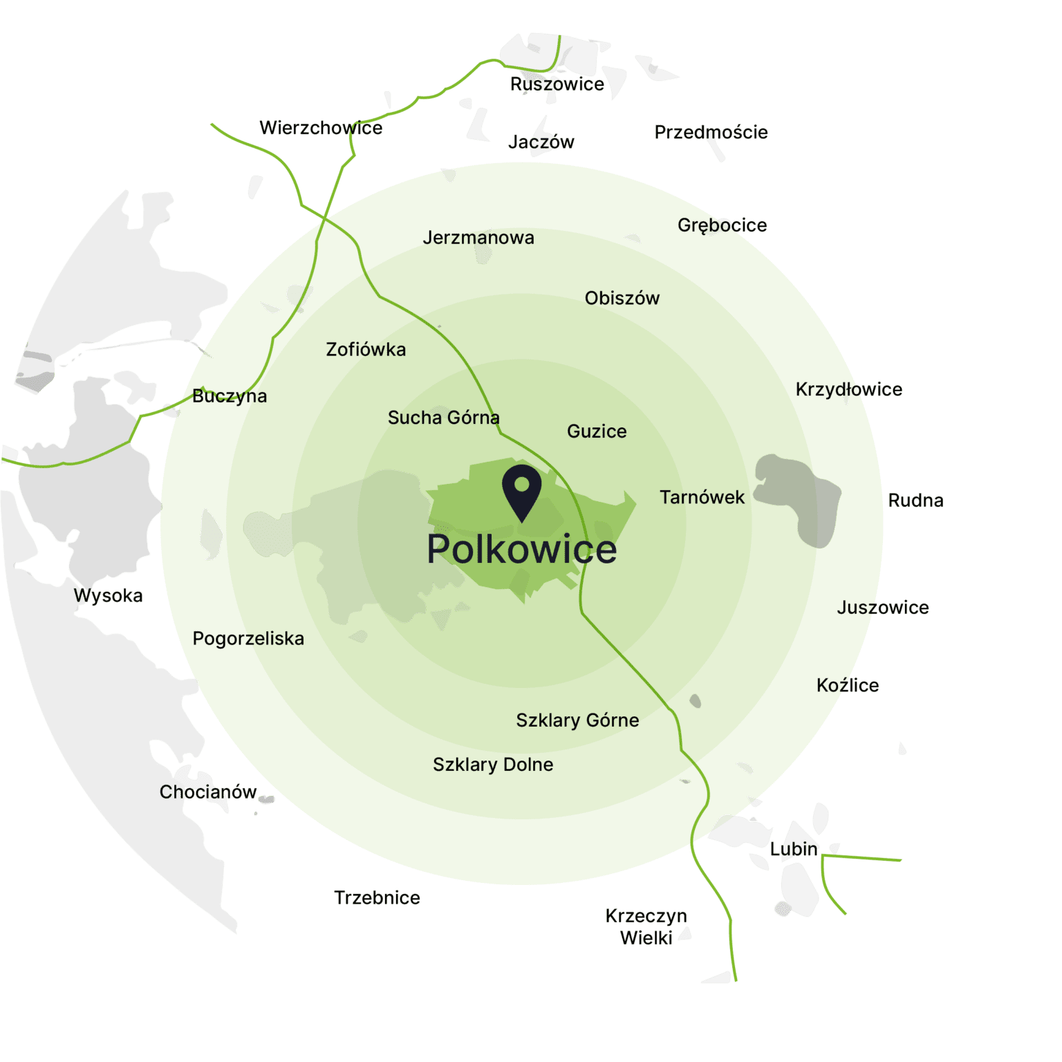 Obszar obsługi kontenerów – mapa, Polkowice