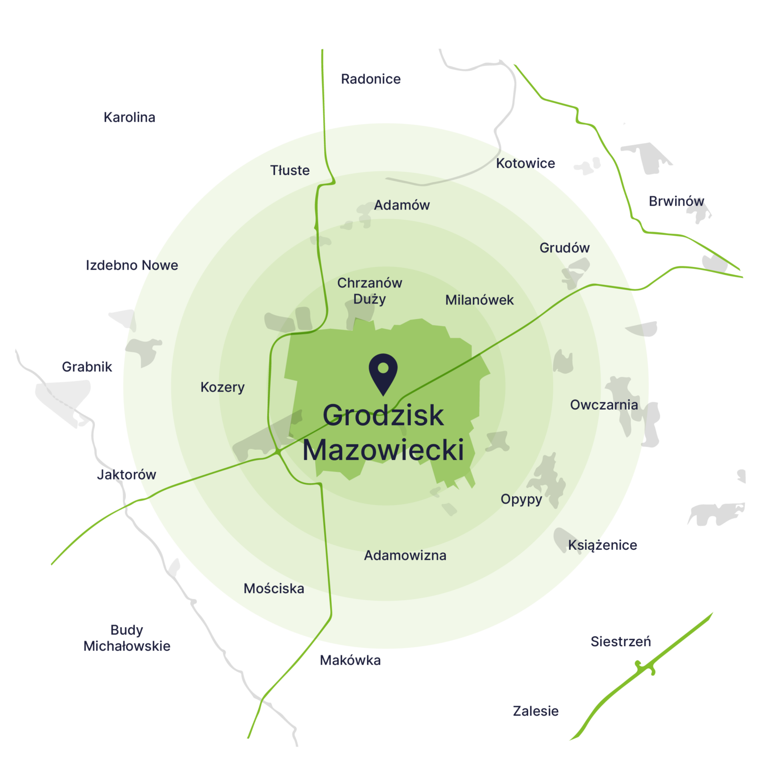 Obszar obsługi kontenerów – mapa, Grodzisk Mazowiecki