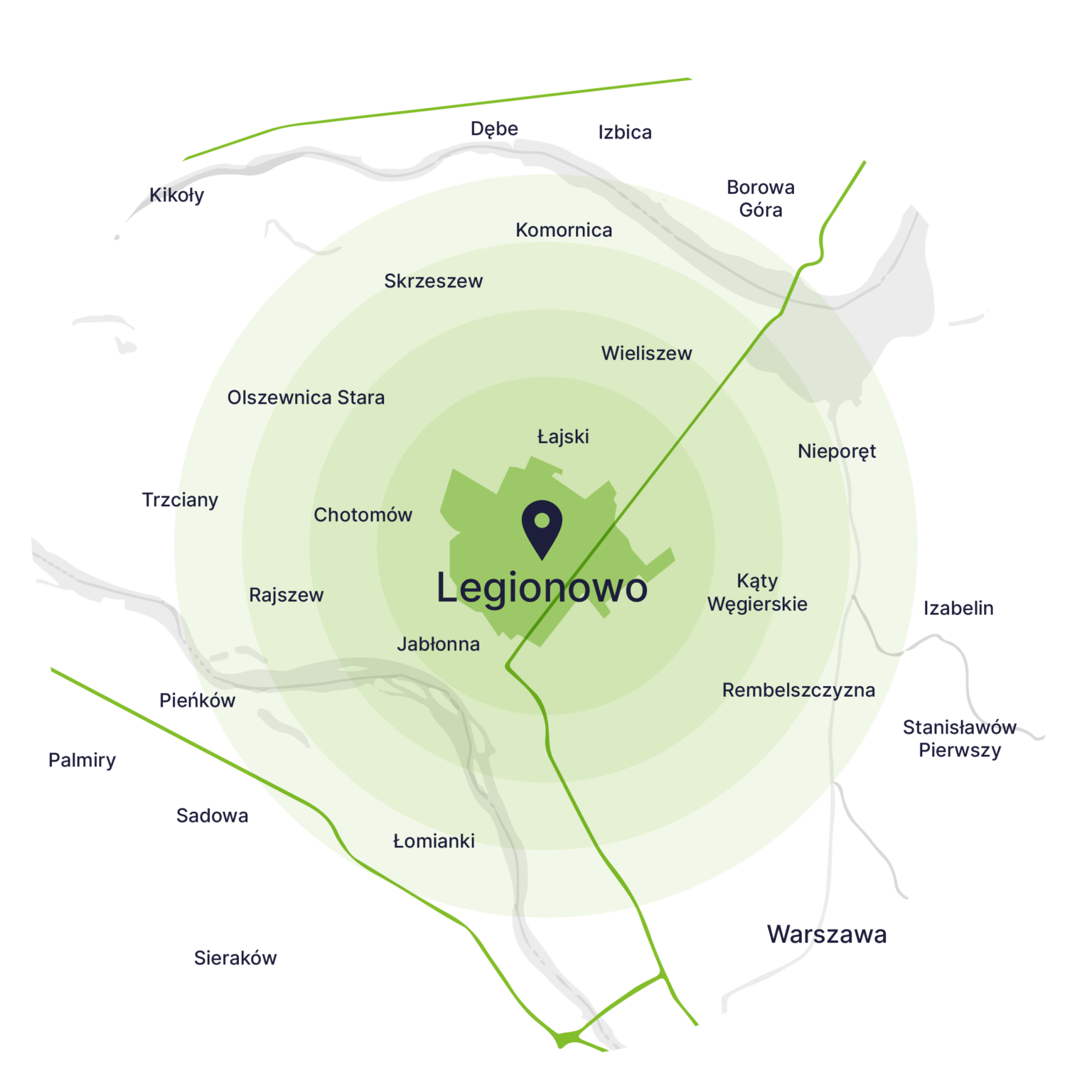 Obszar obsługi kontenerów – mapa, Legionowo