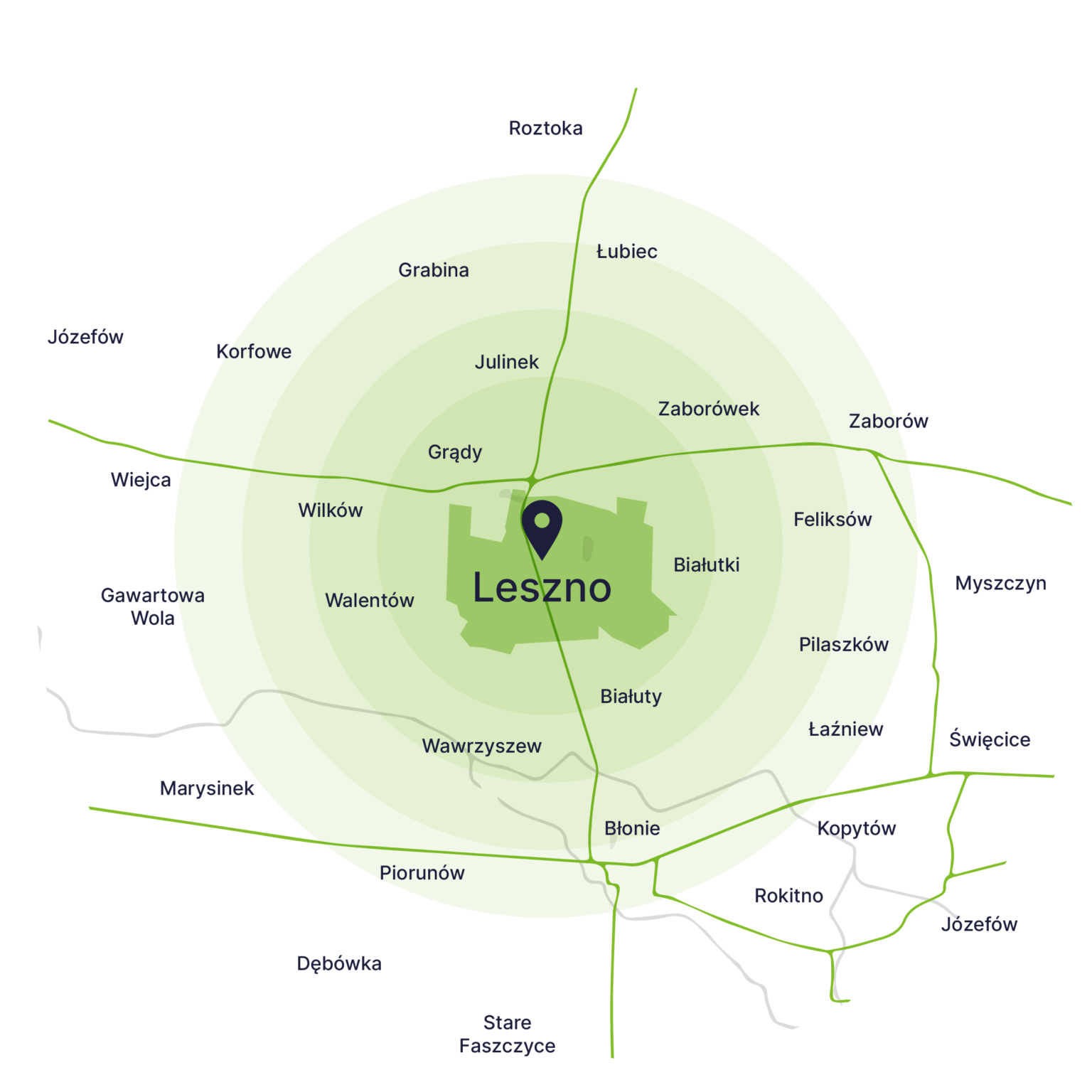 Obszar obsługi kontenerów – mapa, Leszno koło Błonia