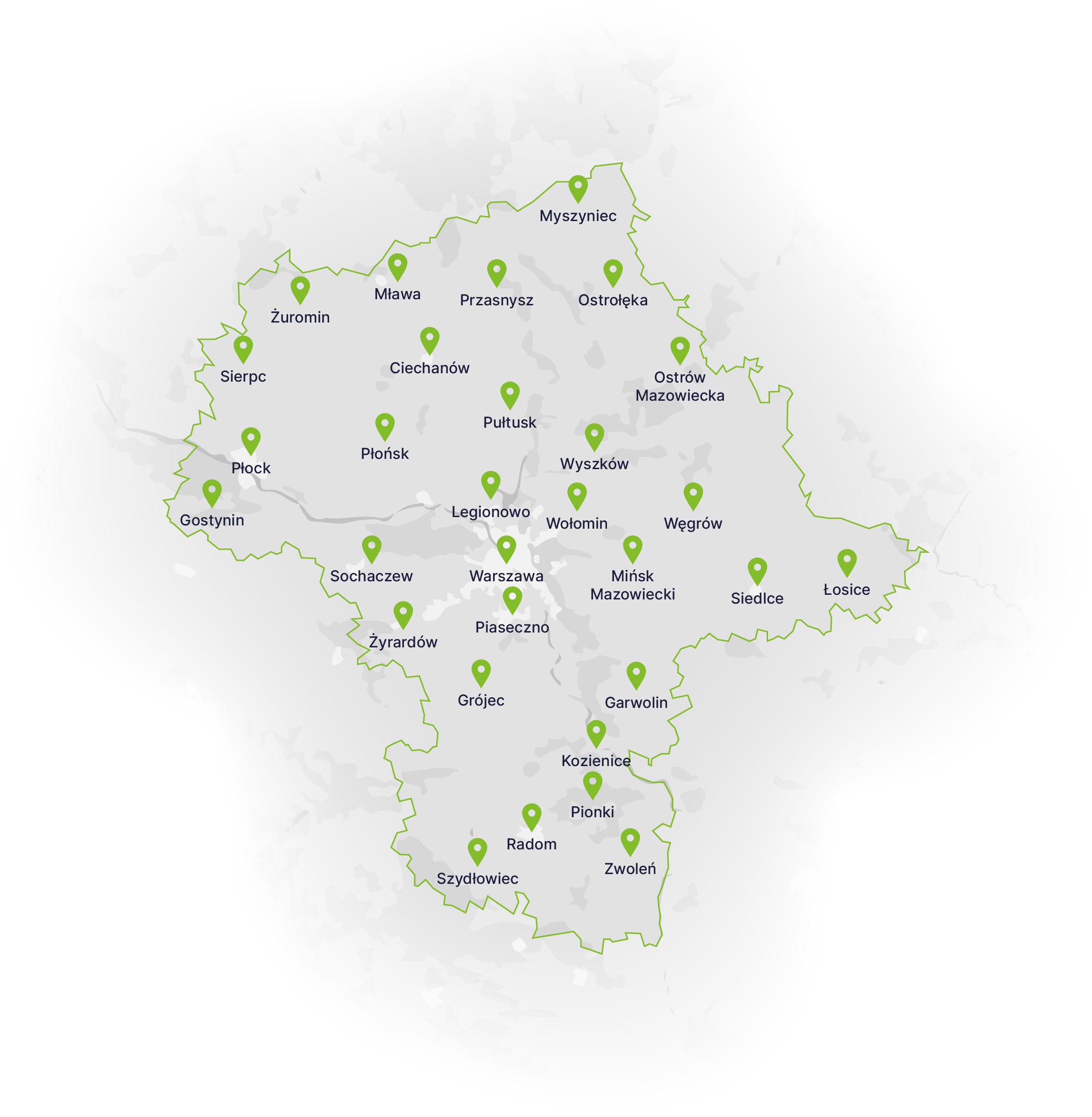 Mapa obszaru obsługi – województwo mazowieckie