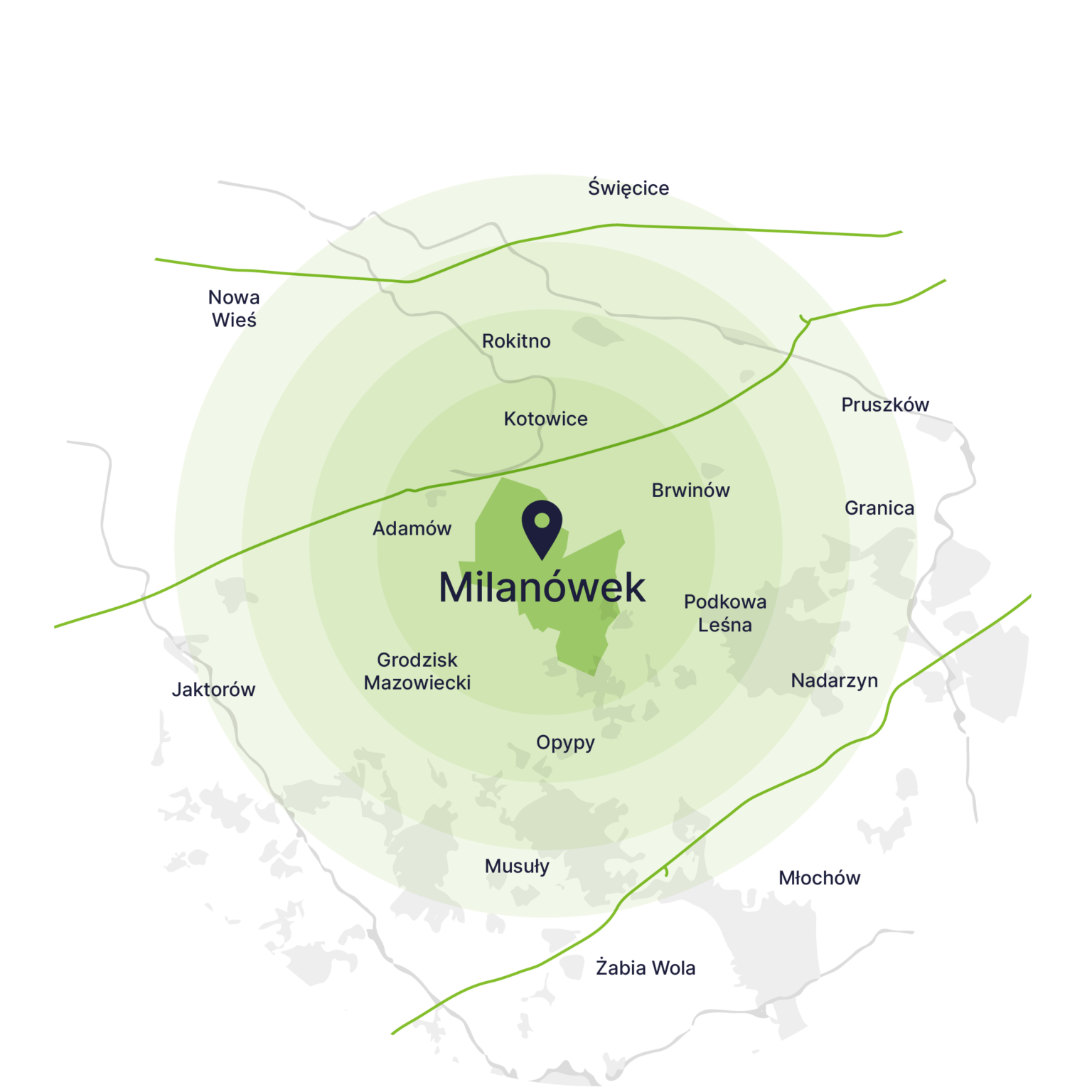 Obszar obsługi kontenerów – mapa, Milanówek