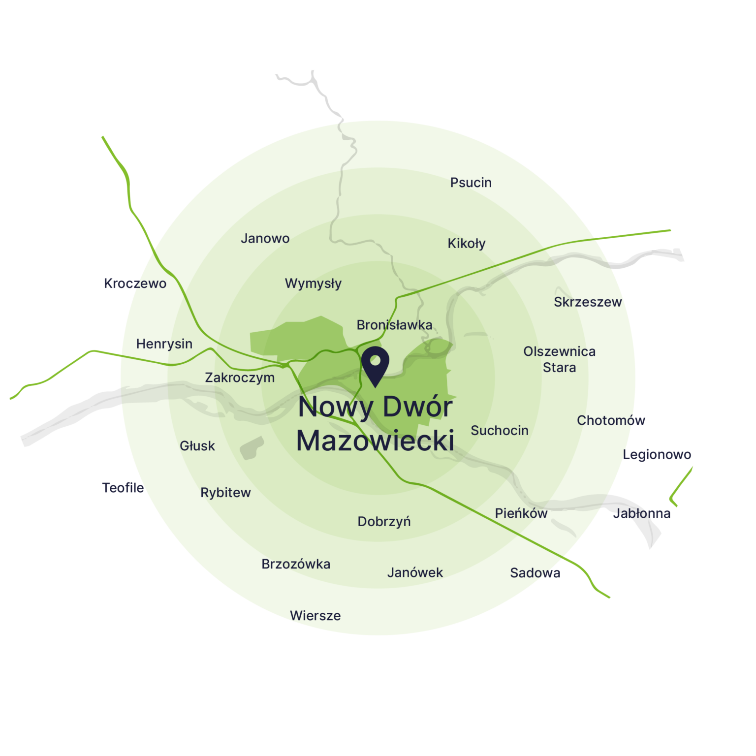 Obszar obsługi kontenerów – mapa, Nowy Dwór Mazowiecki