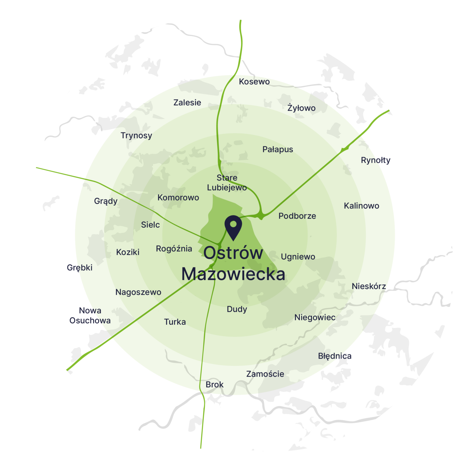 Obszar obsługi kontenerów – mapa, Ostrów Mazowiecka