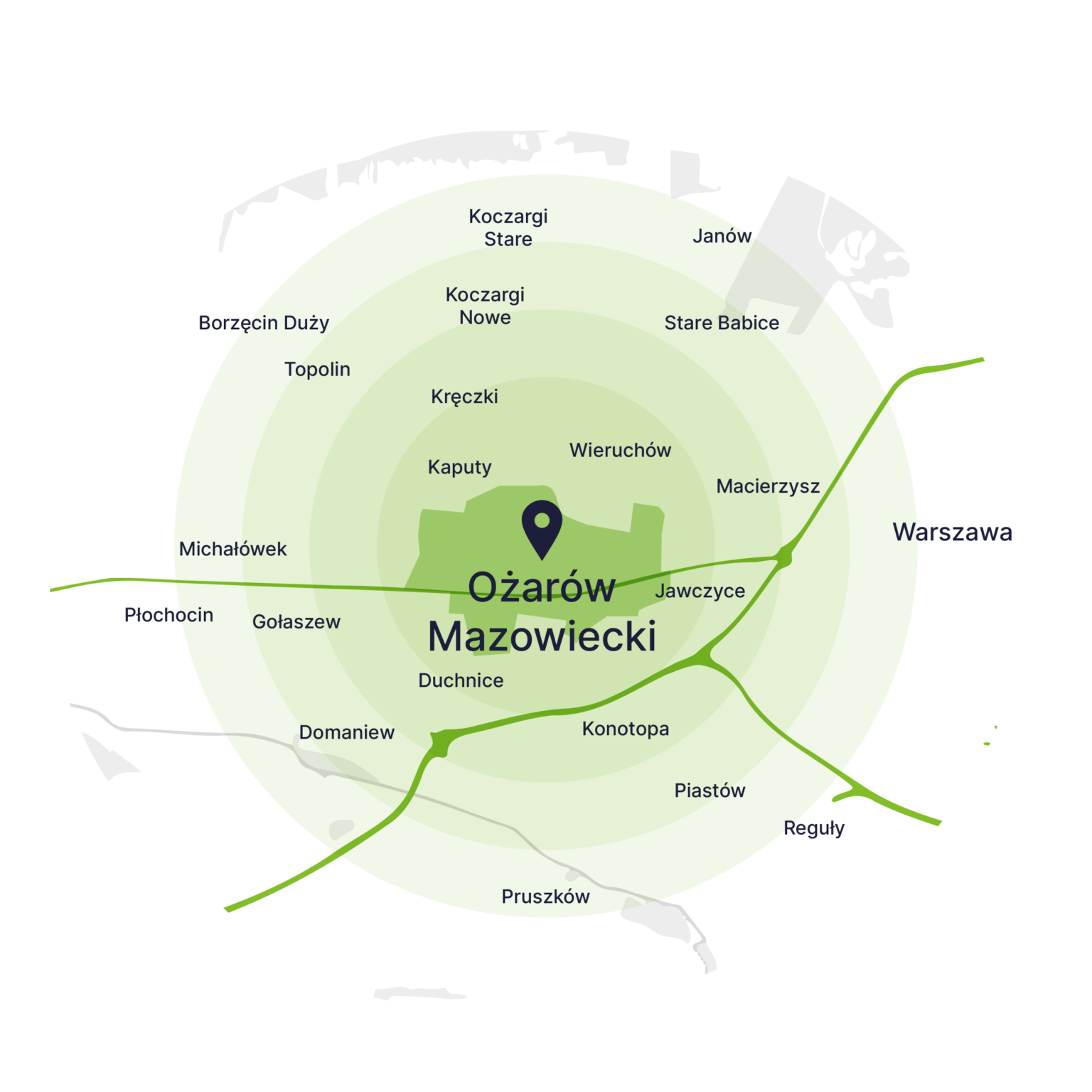 Obszar obsługi kontenerów – mapa, Ożarów Mazowiecki