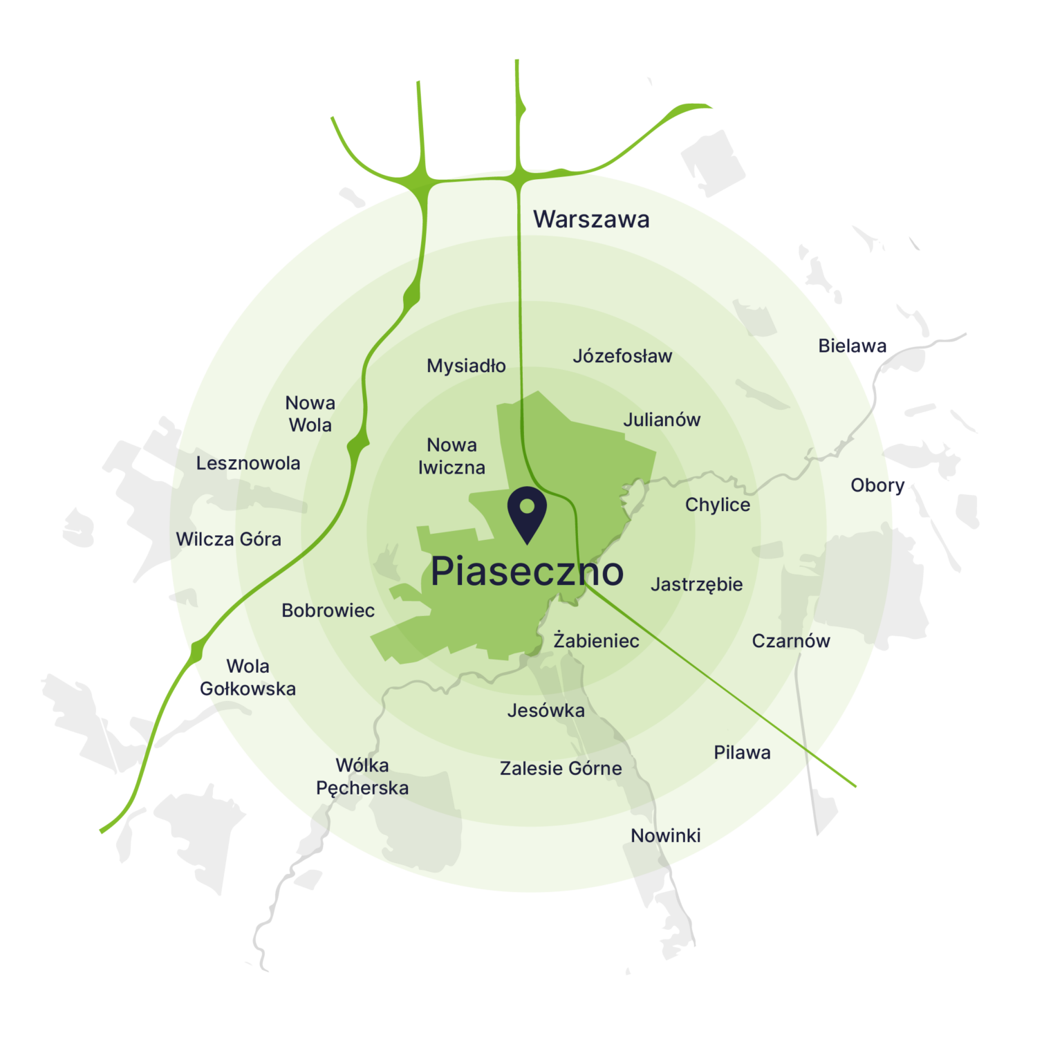 Obszar obsługi kontenerów – mapa, Piaseczno