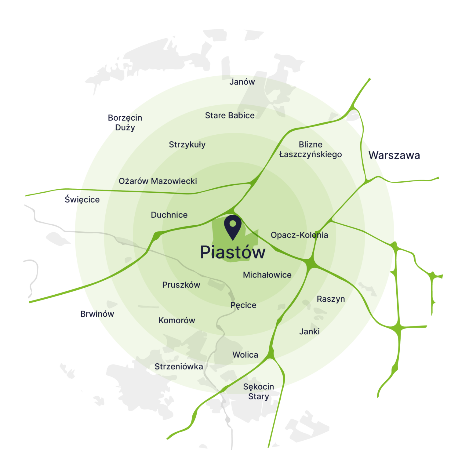 Obszar obsługi kontenerów – mapa, Piastów