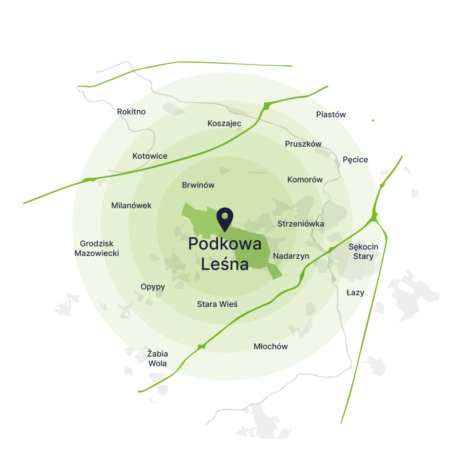 Obszar obsługi kontenerów – mapa, Podkowa Leśna