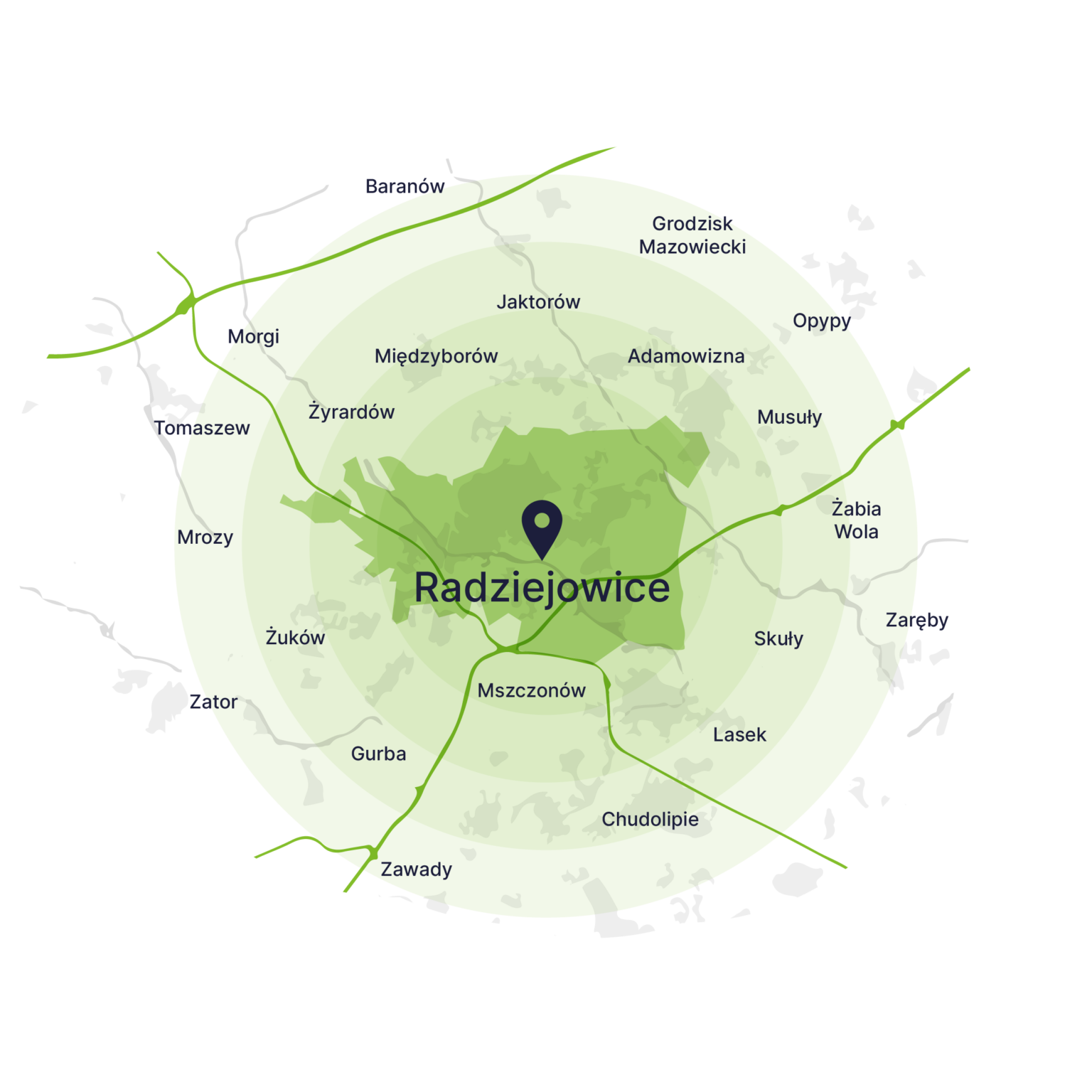 Obszar obsługi kontenerów – mapa, Radziejowice