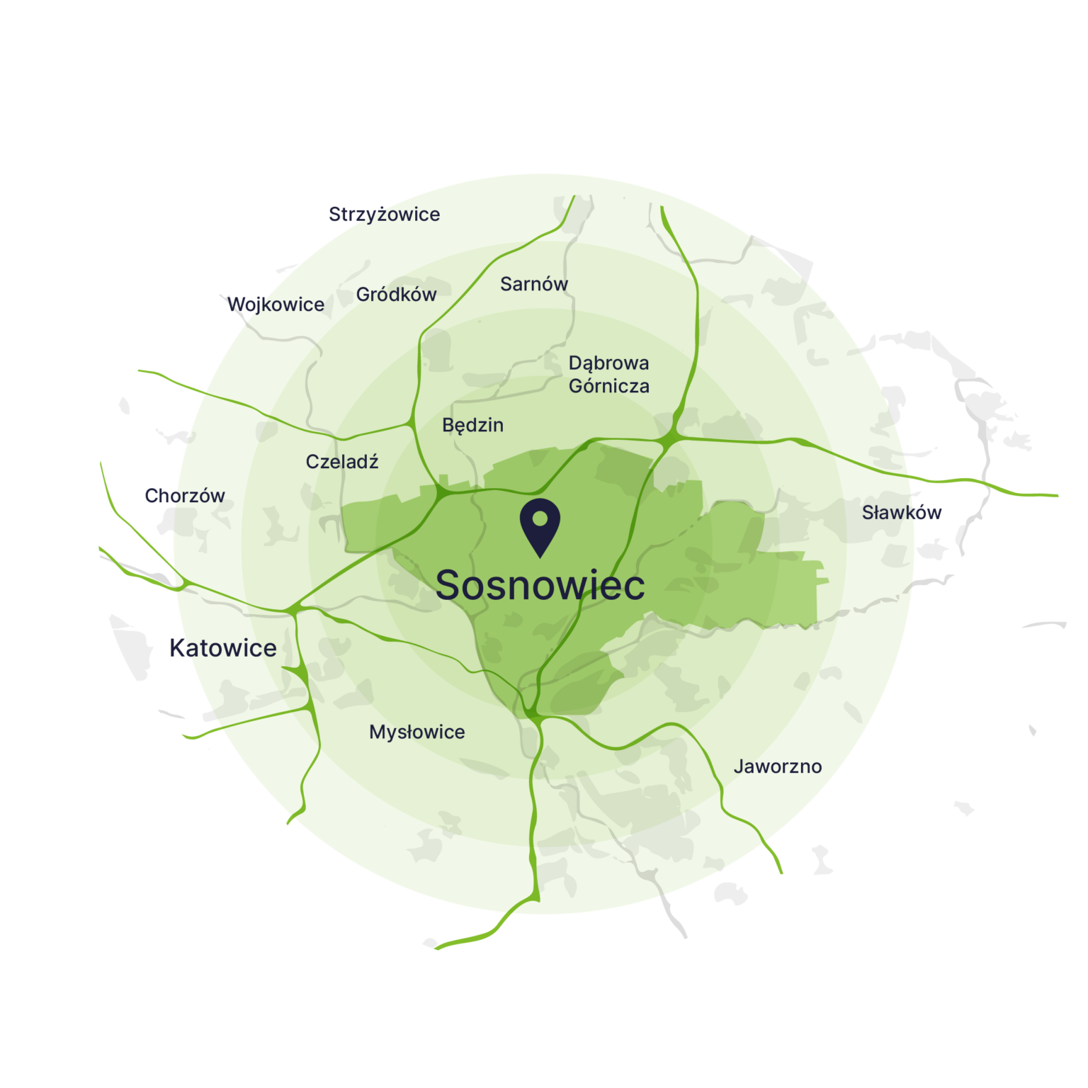 Obszar obsługi kontenerów – mapa, Sosnowiec