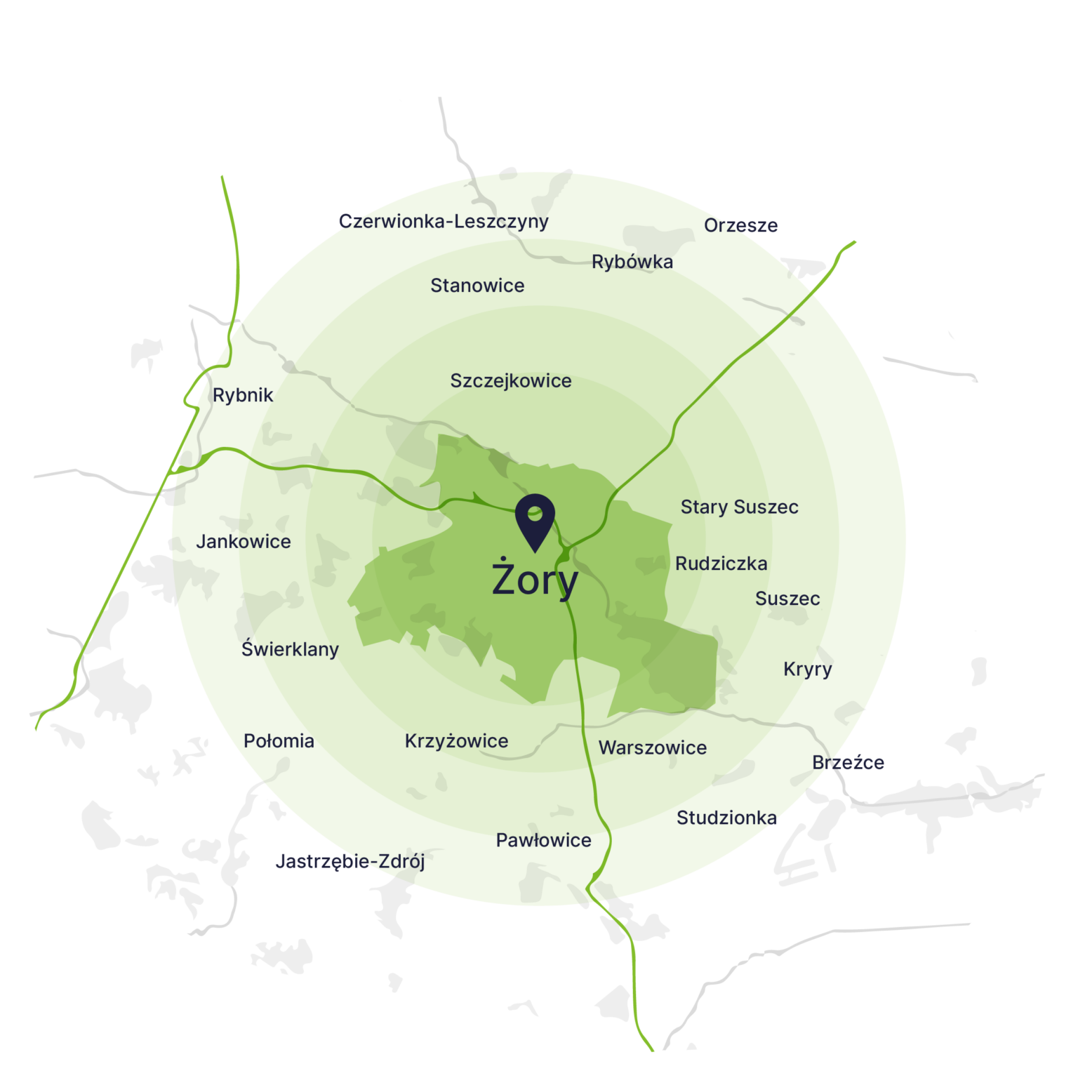 Obszar obsługi kontenerów – mapa, Żory