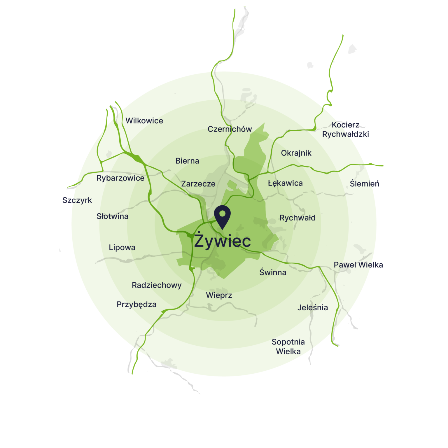 Obszar obsługi kontenerów – mapa, Żywiec