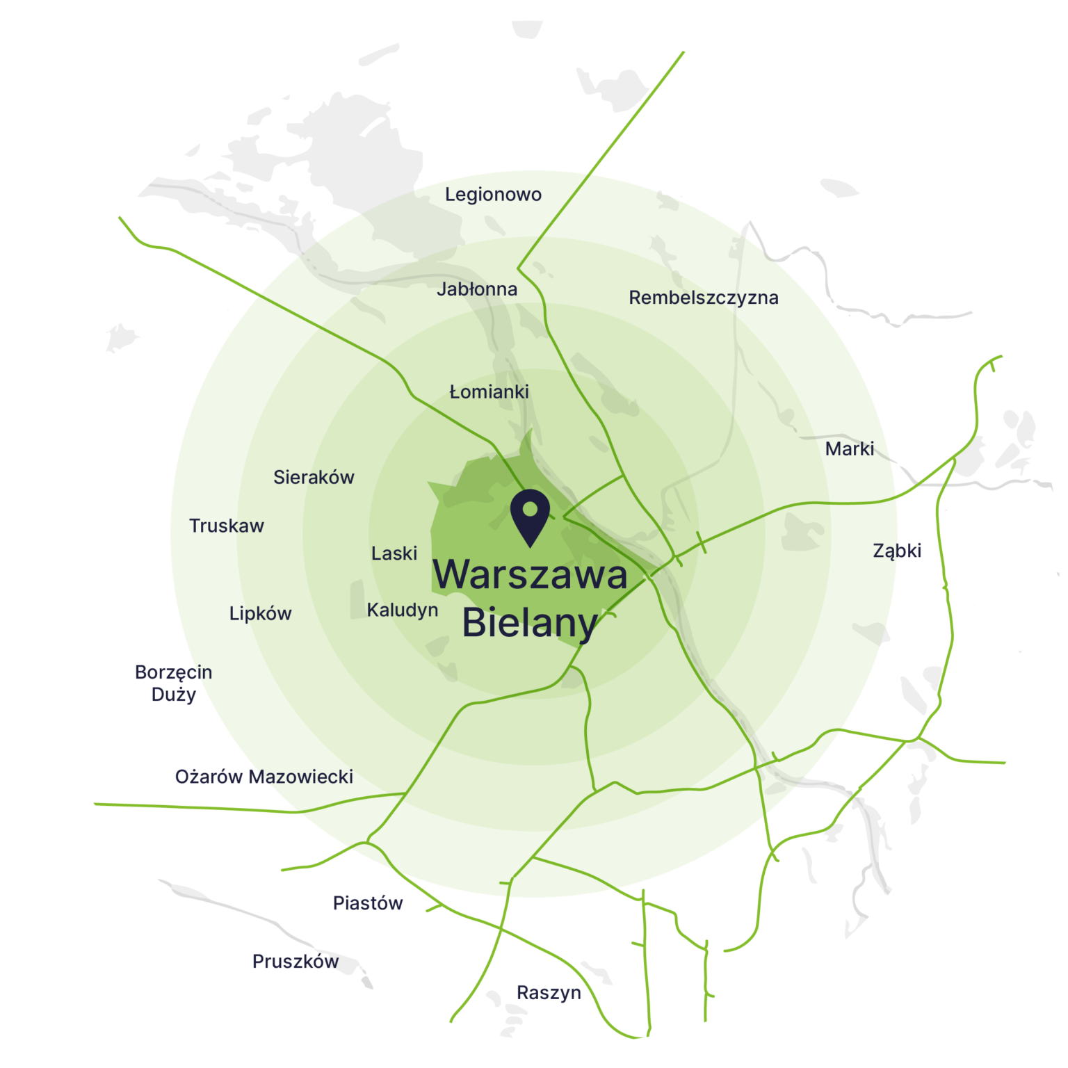 Obszar obsługi kontenerów – mapa, Warszawa Bielany