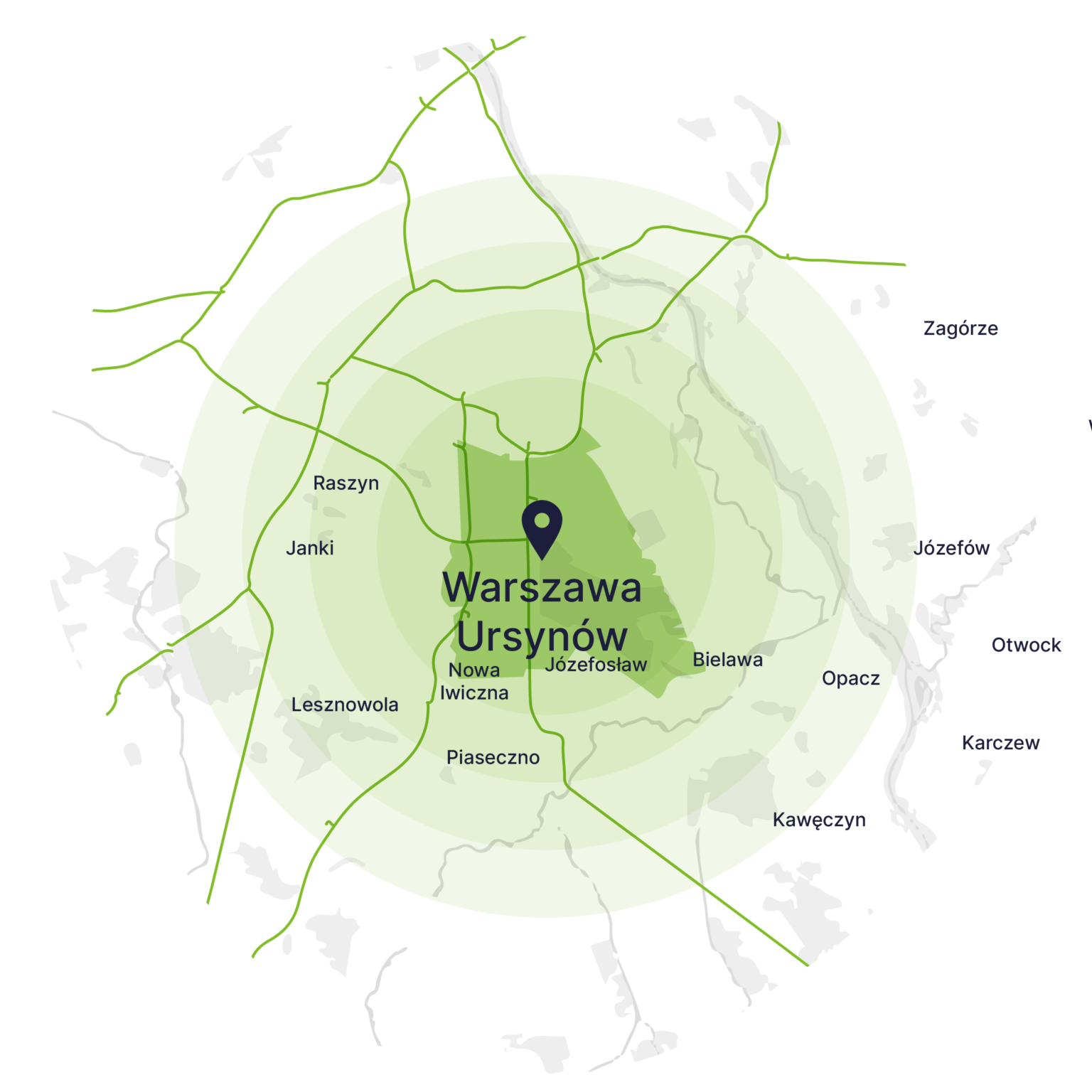 Obszar obsługi kontenerów – mapa, Warszawa Ursynów
