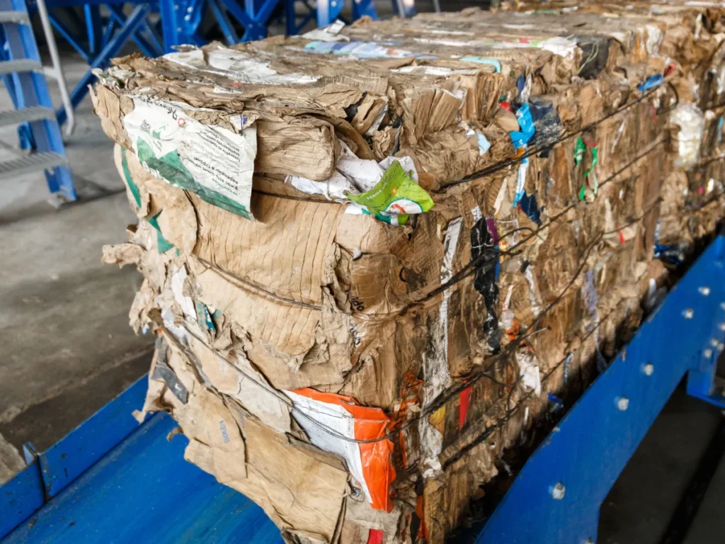 Compact bale of crumpled cardboard and paper tied with netting on a blue recycling conveyor.