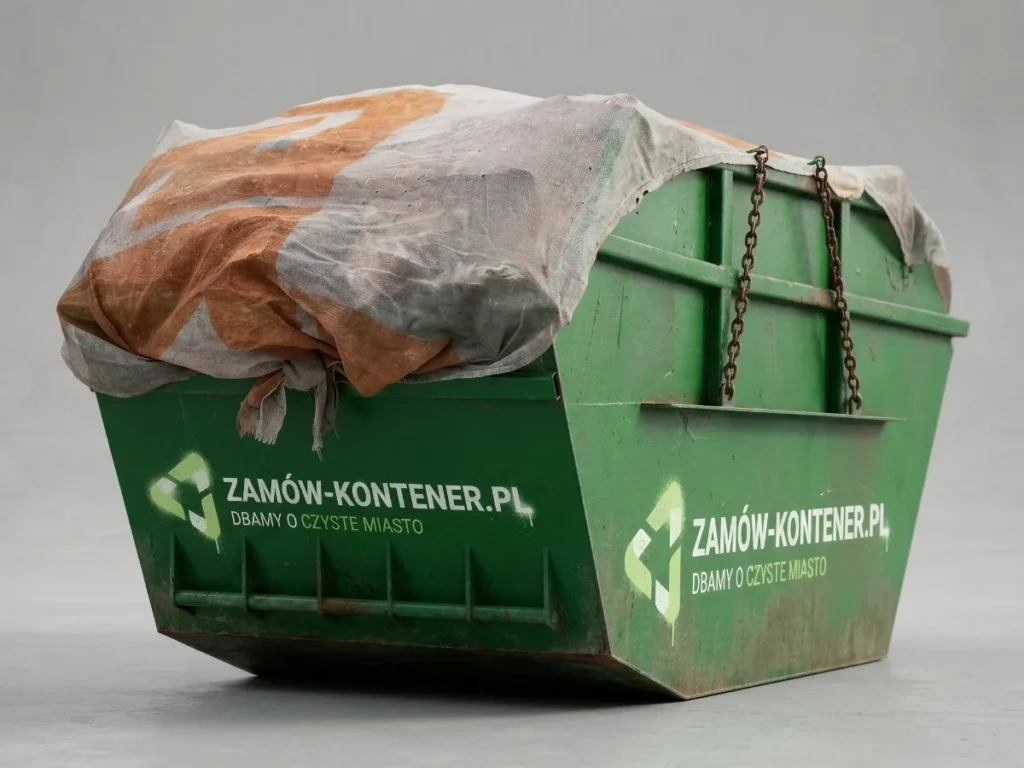 Green waste container with a fabric tarp secured by chains, bearing the label Zamów-Kontener.pl.