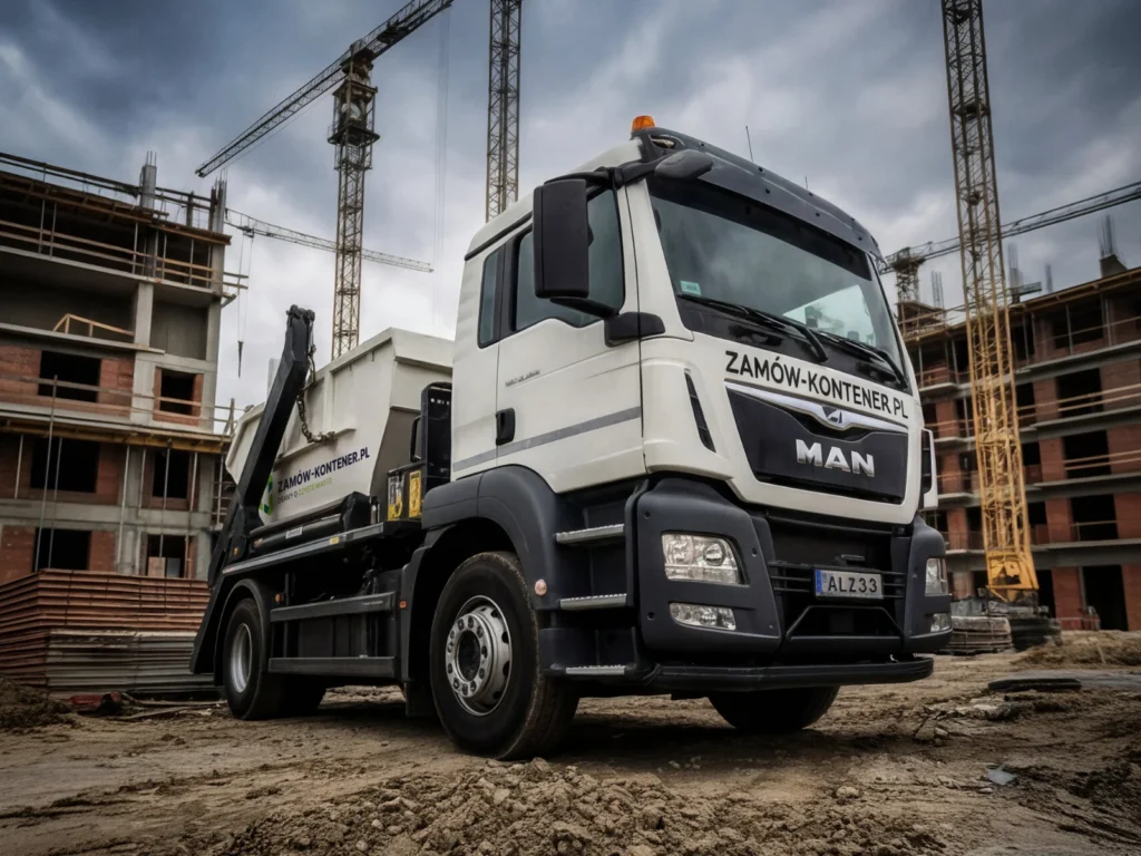 White MAN construction truck in the foreground at a building site with cranes and unfinished brick structures under a cloudy sky.