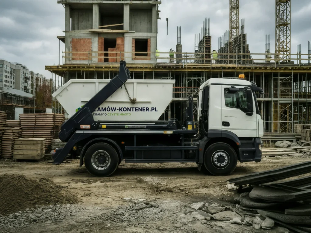White construction truck with a large crane/loader parked at a dusty building site, container side shows Polish company text.