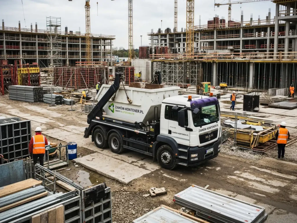 Construction site with a cement mixer truck in the foreground, workers in orange vests, and scaffolding as buildings rise behind them.
