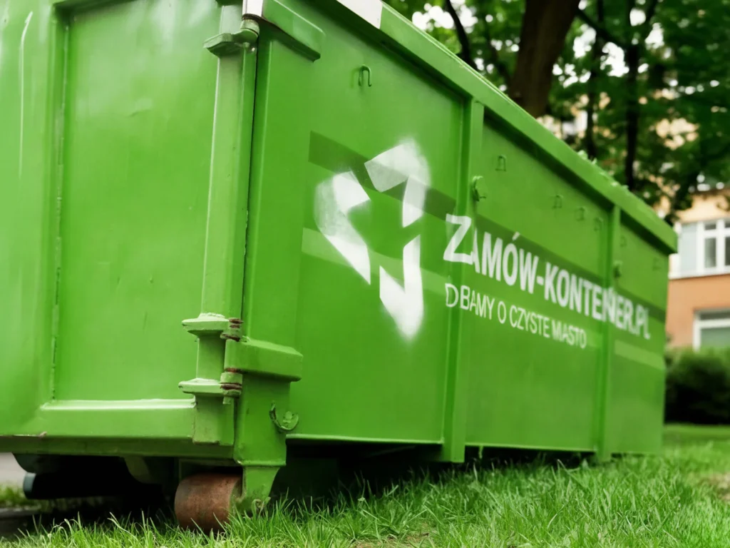 Green waste container (dumpster) on a grassy area, with white Polish slogan about keeping the city clean visible on the side.